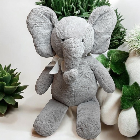 Pottery Barn Kids PBK Gray Elephant Beaded Feet Soft Grey Plush Bow Stuffed BIG - Picture 1 of 15